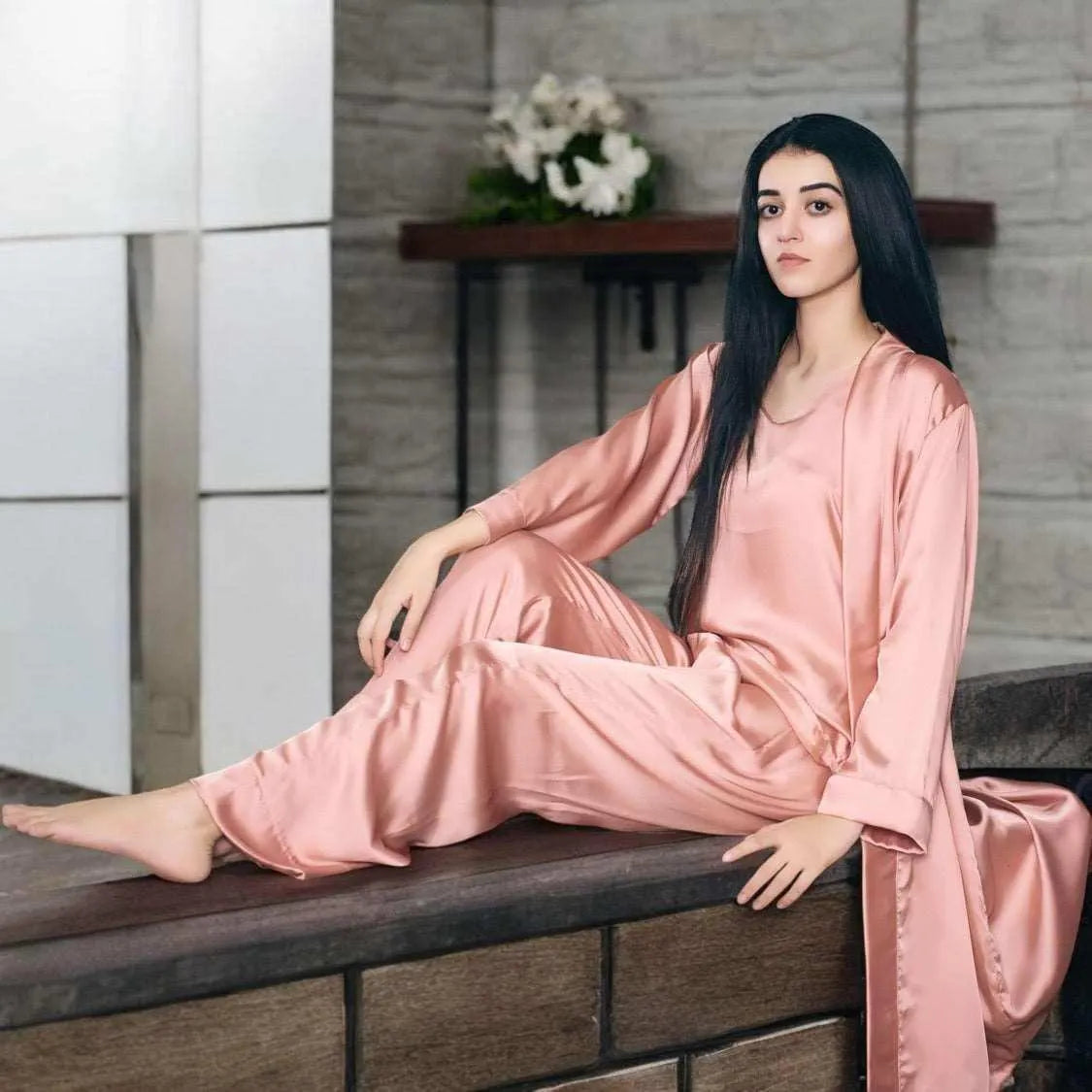 Plain Silk 3 Piece Robe Set (10 Colors) - ELORA OFFICIAL